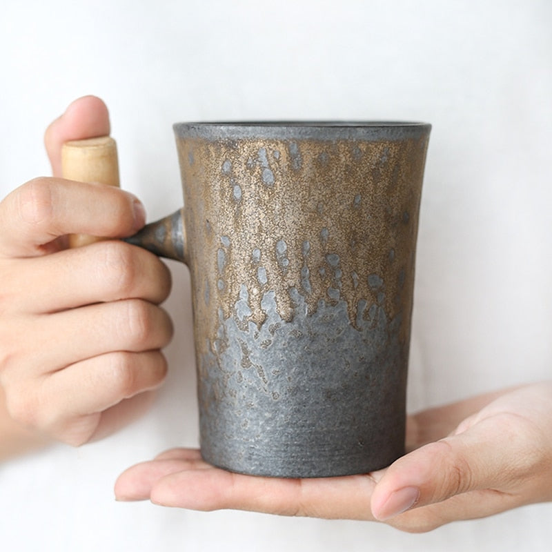 12 oz Japanese-style Vintage Ceramic Coffee Mug with Wood Handle